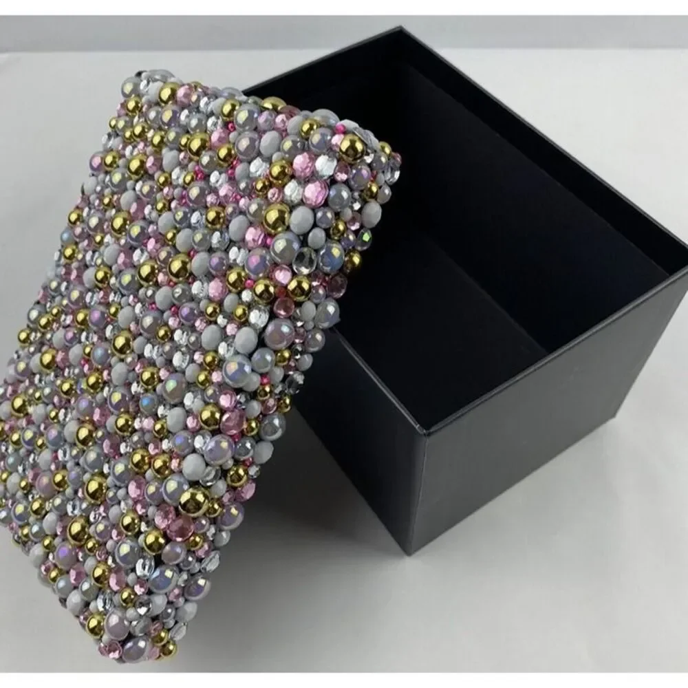 Handmade Keepsake Trinket Box Beaded Rhinestones Embellished & Lid